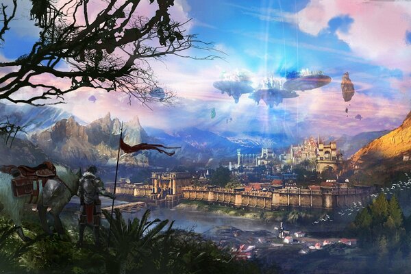 A fantastic landscape with a flying castle above the city, and a knight with a horse in the foreground