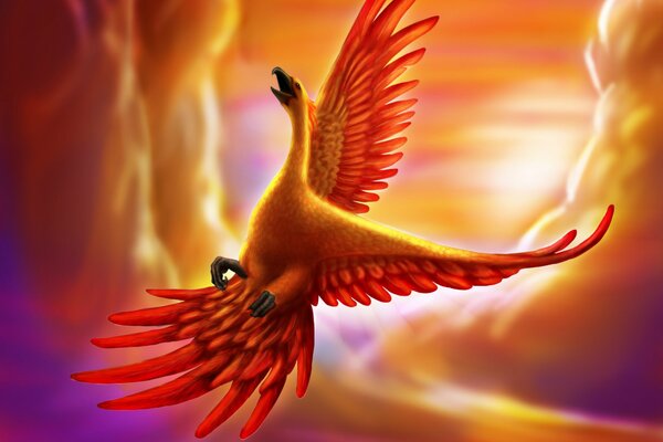 The Phoenix creature is flying in the sky, a huge bird