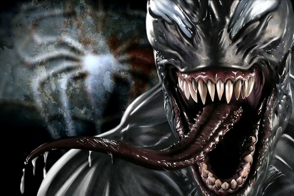 Eddie brock with a long tongue and sharp teeth