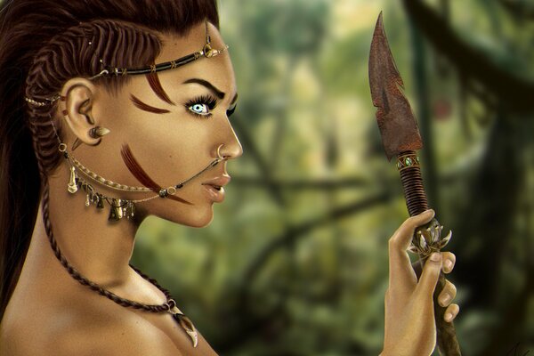 Profile of an Amazon with beautiful lips and eyes with a spear. the hairstyle has pigtails, an unusual decoration on the face