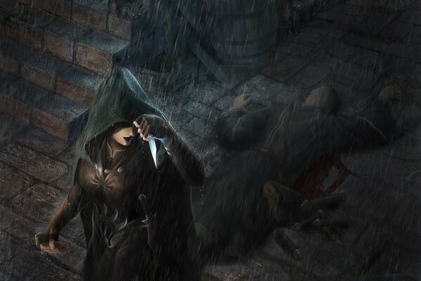 Art: an assassin girl with a knife and a victim in the rain