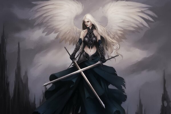 Девушка-ангел в черном одеянии с двумя мечами