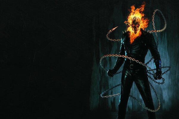 Ghost Rider con cadenas en un fondo oscuro