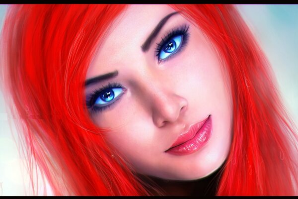 Ariel con el pelo rojo y los ojos azules