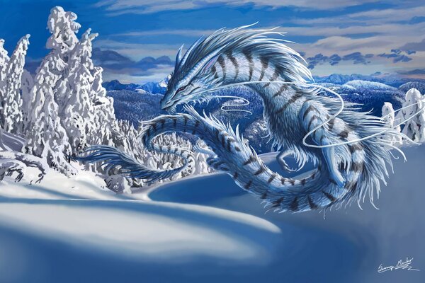 Snow dragon in snowy winter