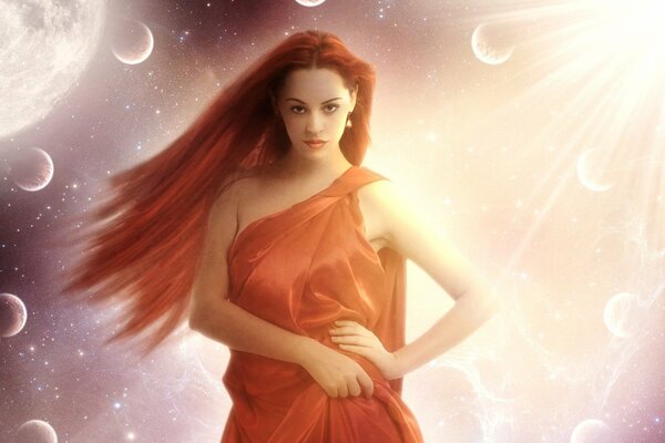 Chica con el pelo rojo en el fondo del paisaje espacial