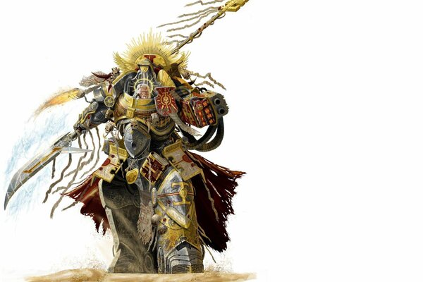 Warhammer-Krieger in Rüstung mit Waffen