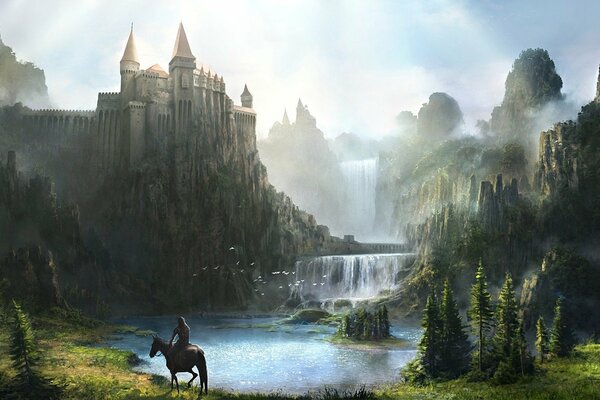 Сказочный замок возле водопада