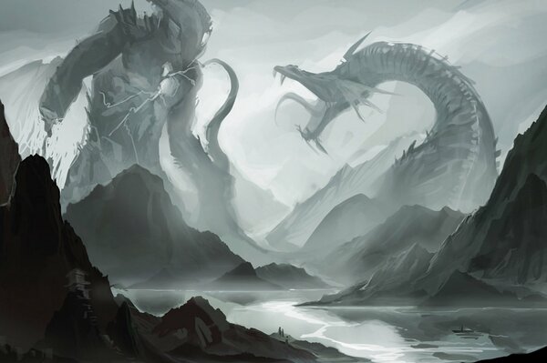 The battle of two monsters among the mountains growing out of the sea