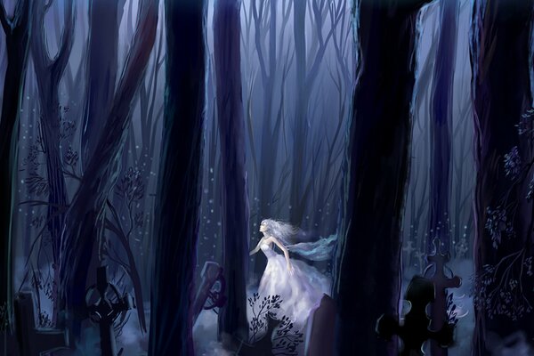 A girl in white running through the snow at night through the forest with crosses