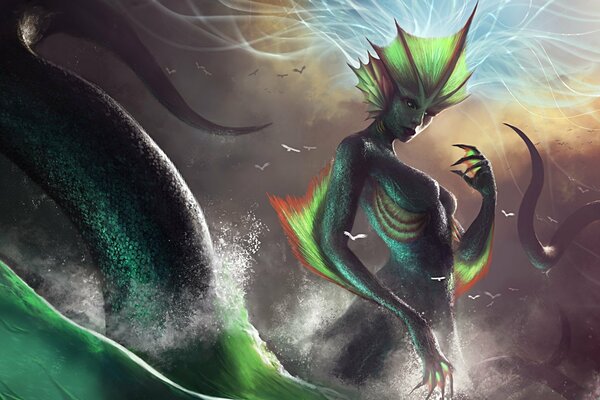 A monster woman with a huge tail in scales with claws in the depths of the sea