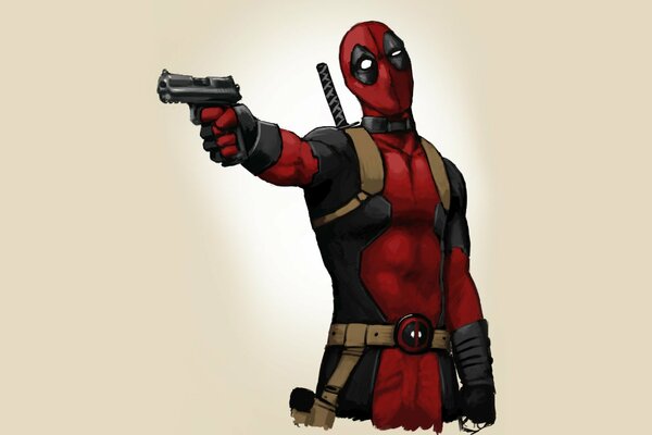 Deadpool with a gun in his hand up to the waist