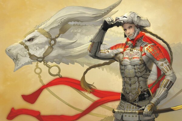 El arte de un Samurai japonés con trenzas en un casco de cabeza de dragón con una armadura roja y blanca sobre un fondo de dragón blanco