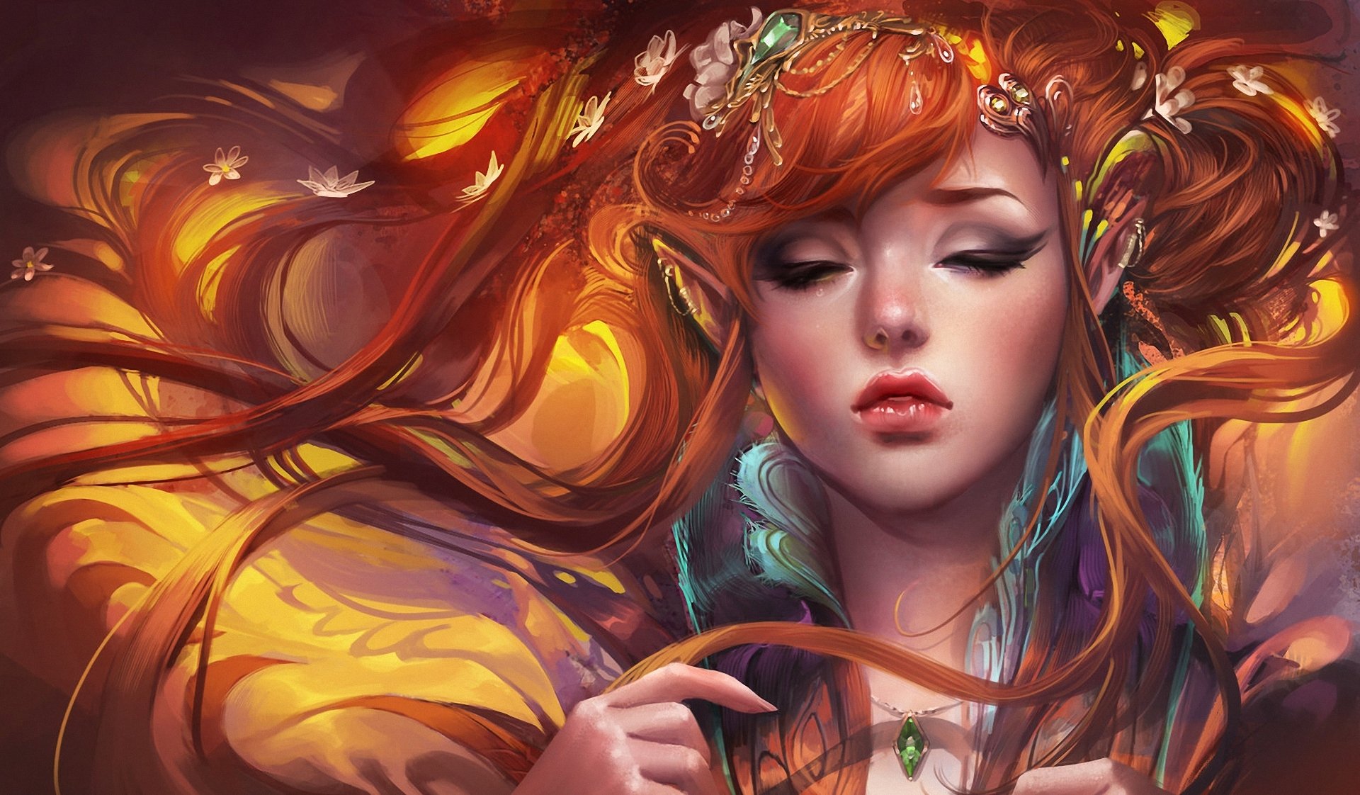 art sakimichan fille elfe elfe oreilles rousse décoration