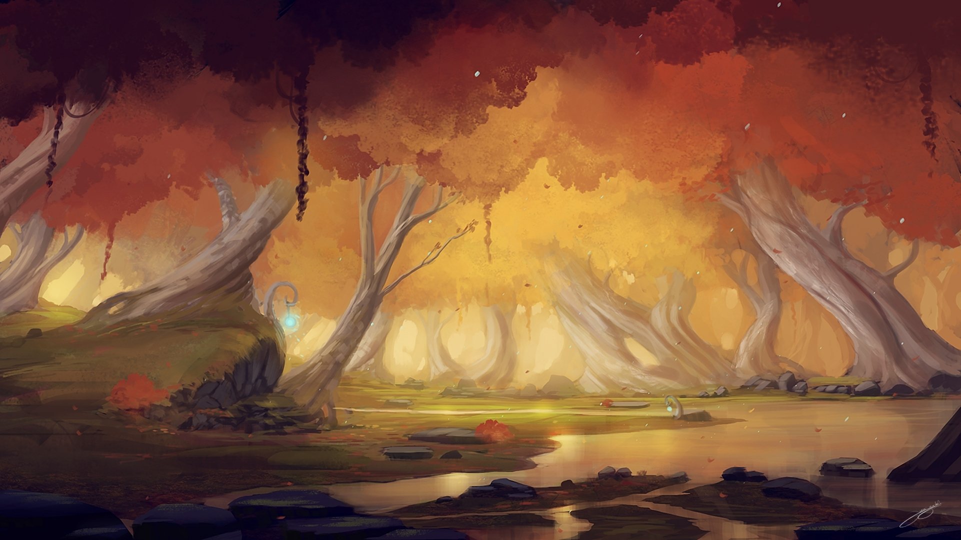 art blinck paysage forêt rivière automne pierres luminaires