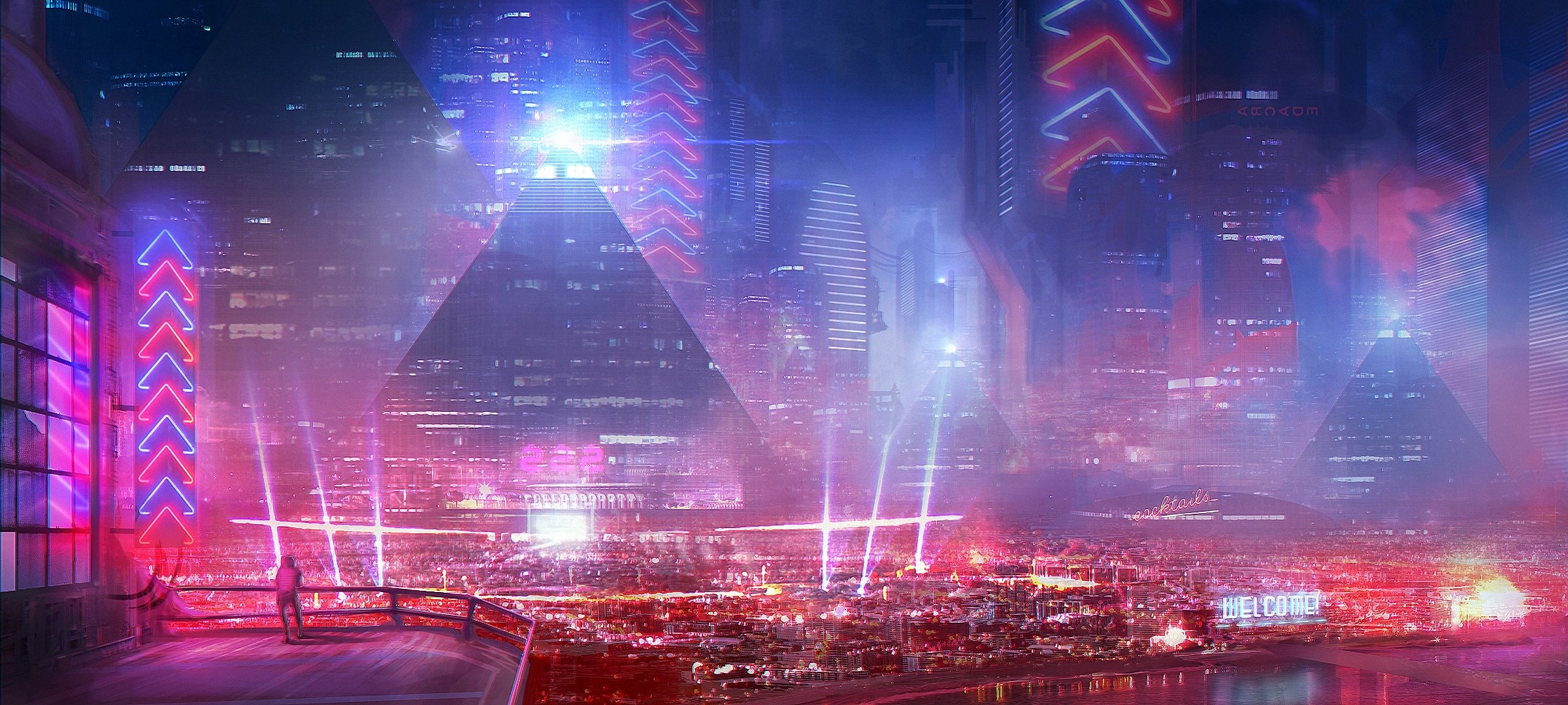 art kingcloud city of the future buildings lights man