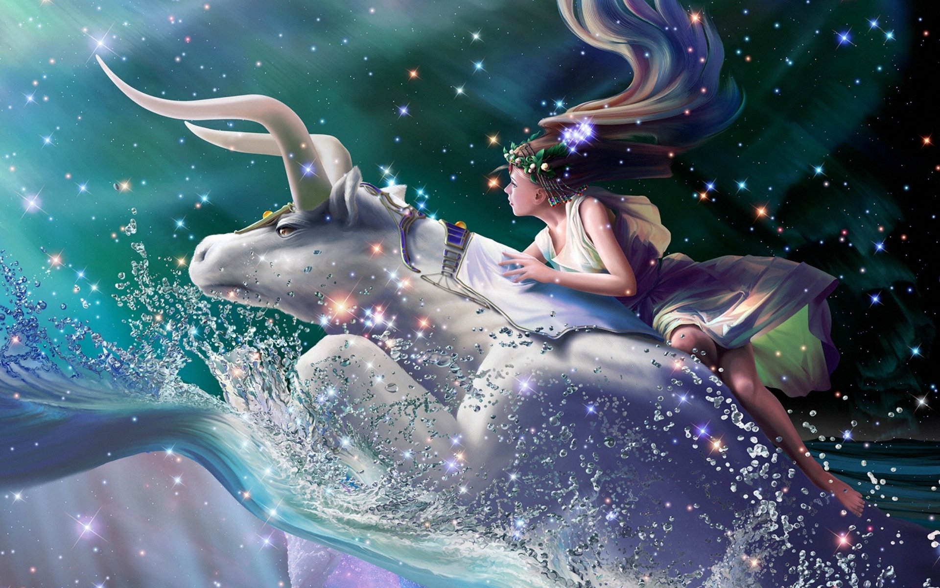 cg wallpaper yutaka kagaya sternzeichen stier sternmärchen sterne fliegen träume fantasie yutaka kagaya konstellation mädchen europa zeus stier kranz tiara plejaden wellen spritzer