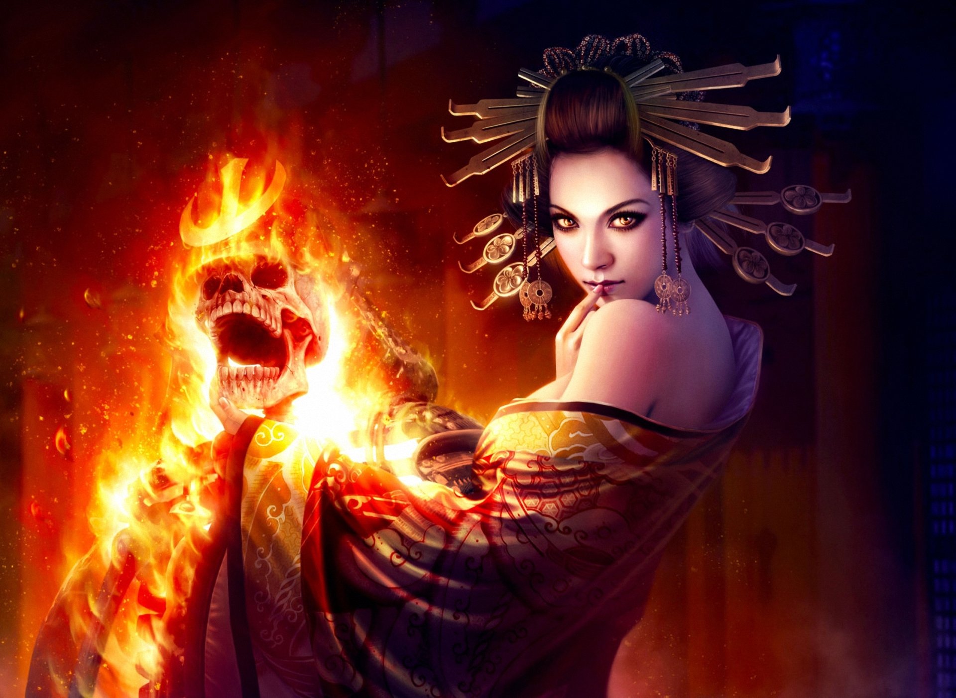 art mario wibisono girl decoration skeleton skull fire magic