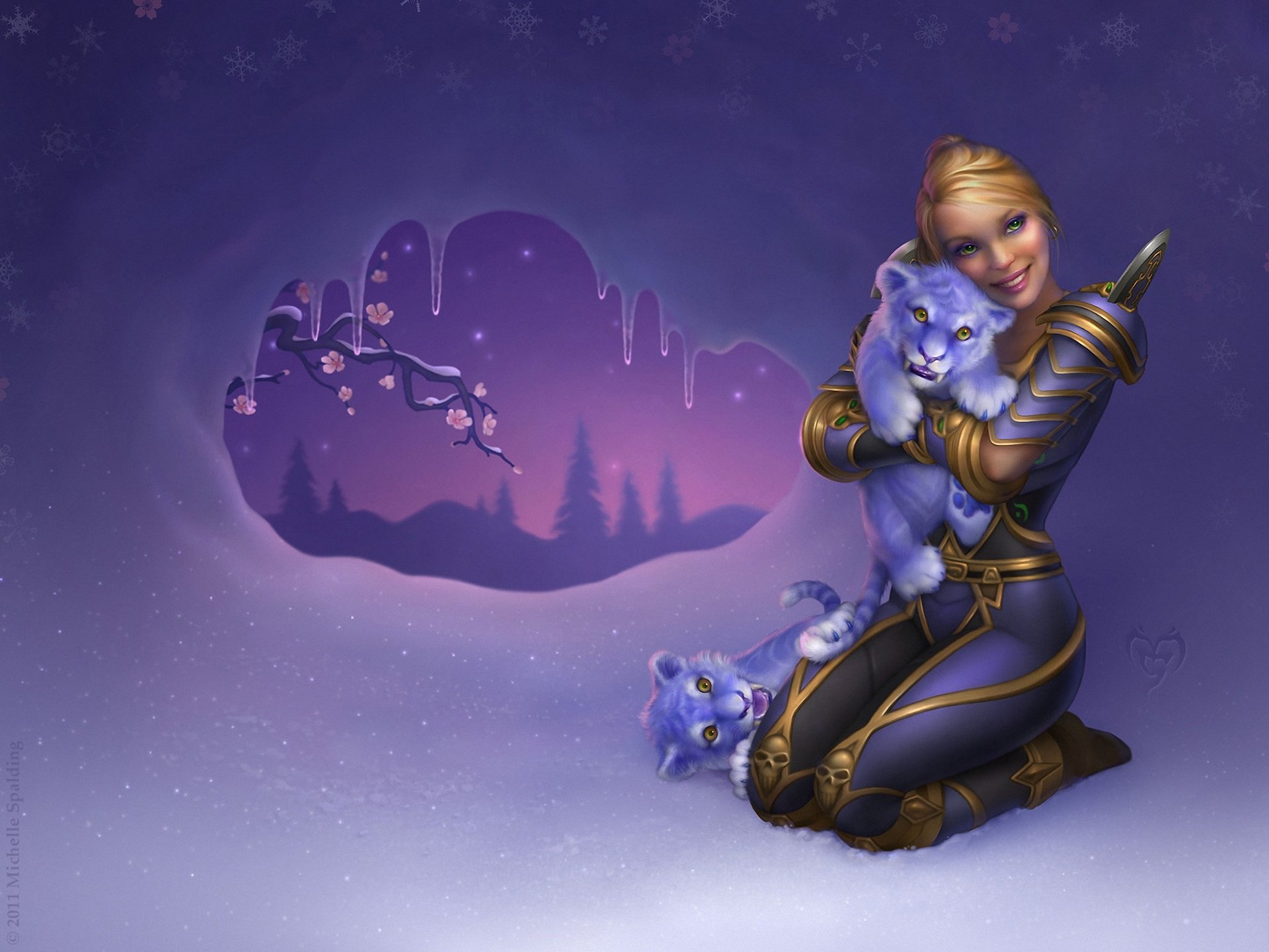 art world of warcraft dziewczyna tygrysy tygrys śnieg fantasy kły drzewo sople kwiaty gałąź