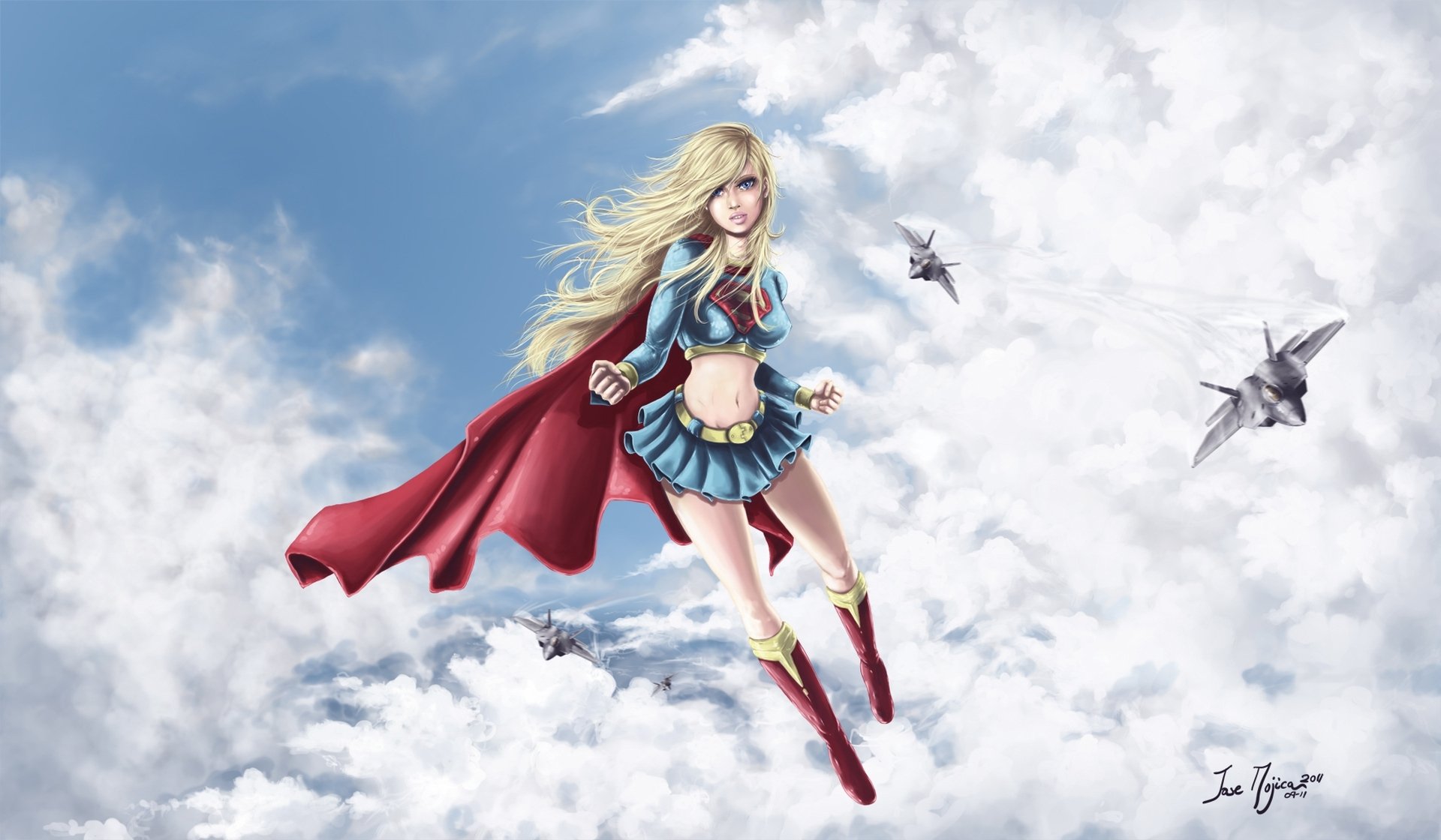 upergirl superhero suit coat clouds flight plane