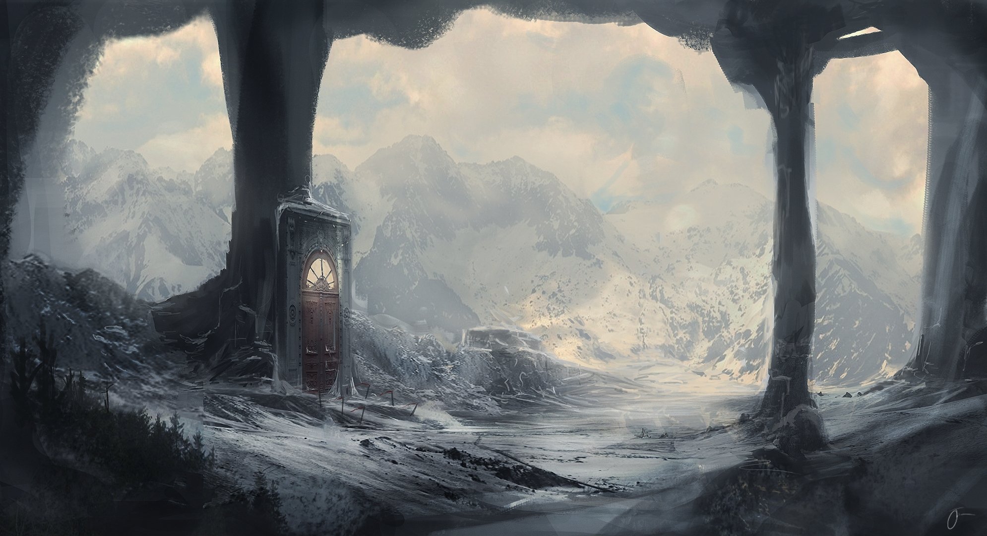 art kingcloud winter snow column grotto doors portal mountain