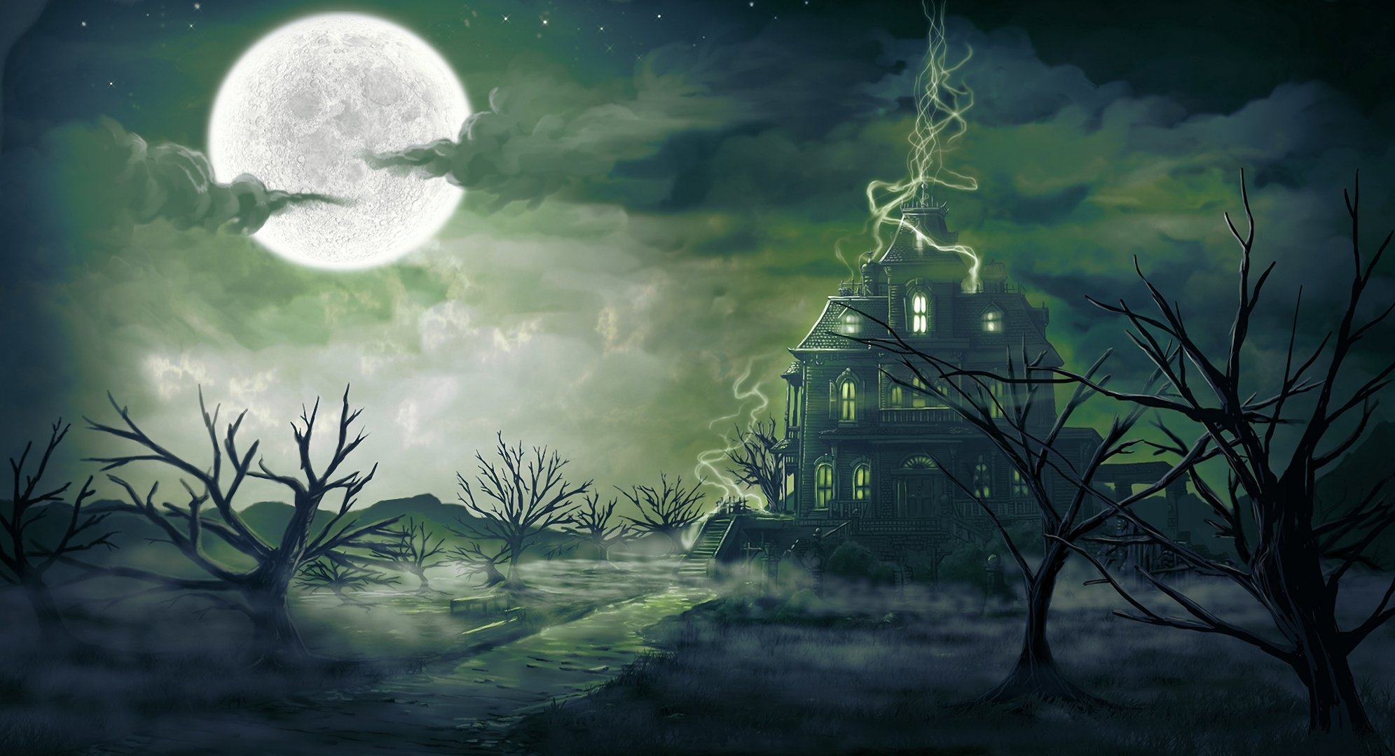 arte digitalinkrod paisaje noche casa luna magia niebla árboles oscuridad