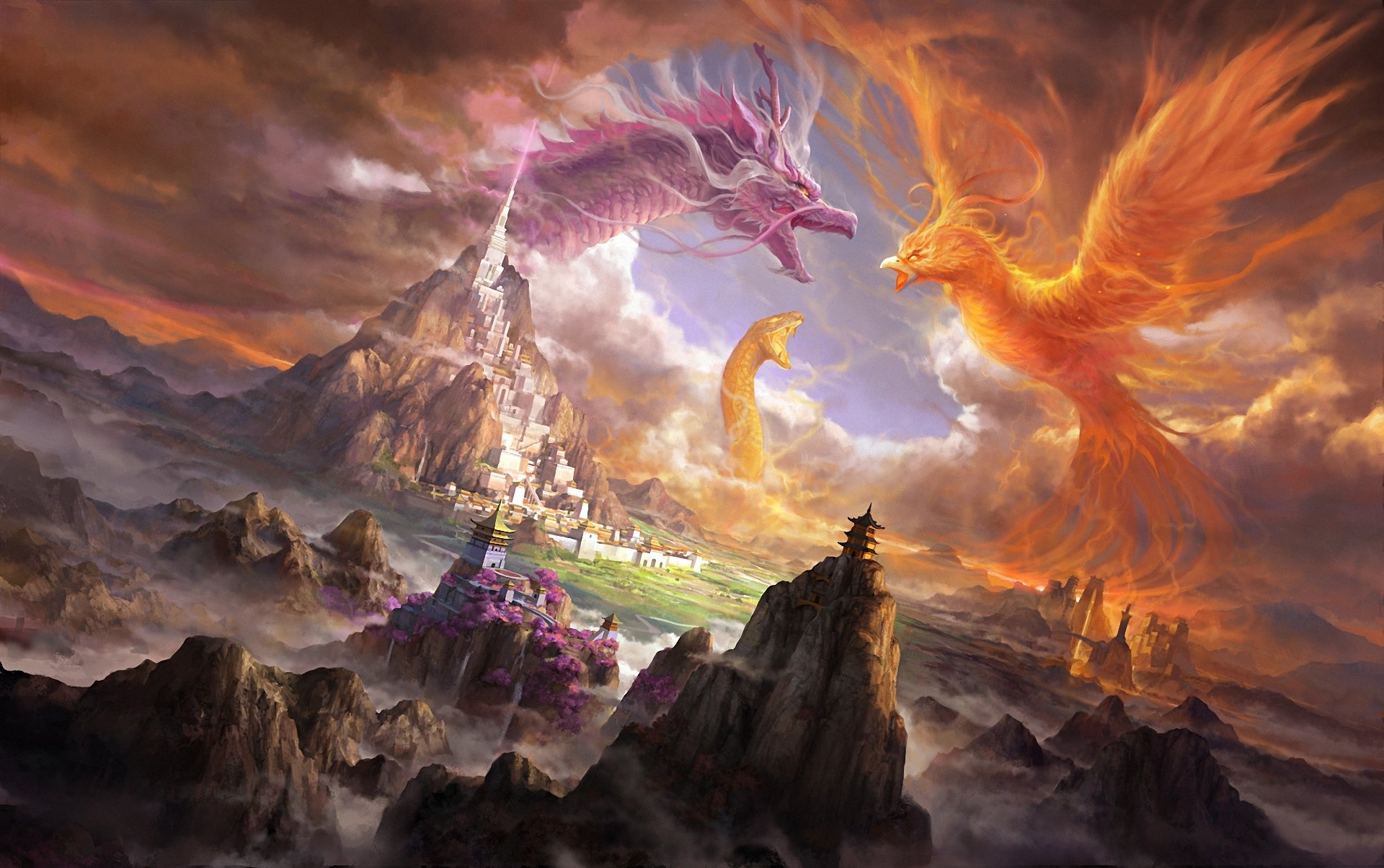 art battle creatures dragon phoenix snake snake city fire mountains castle rock