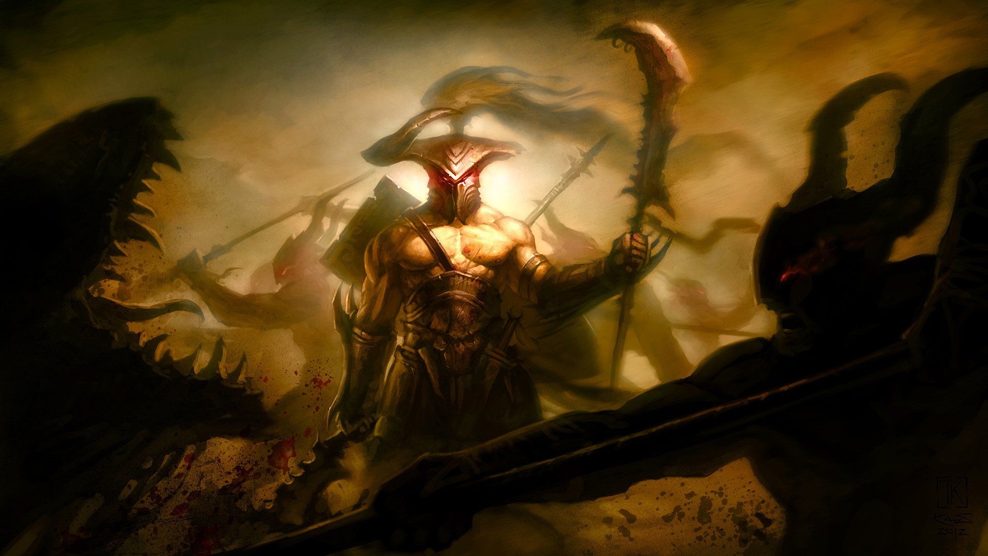 art battle monsters fall blood wound battlefield warrior helmet horn weapon sword spear halberd