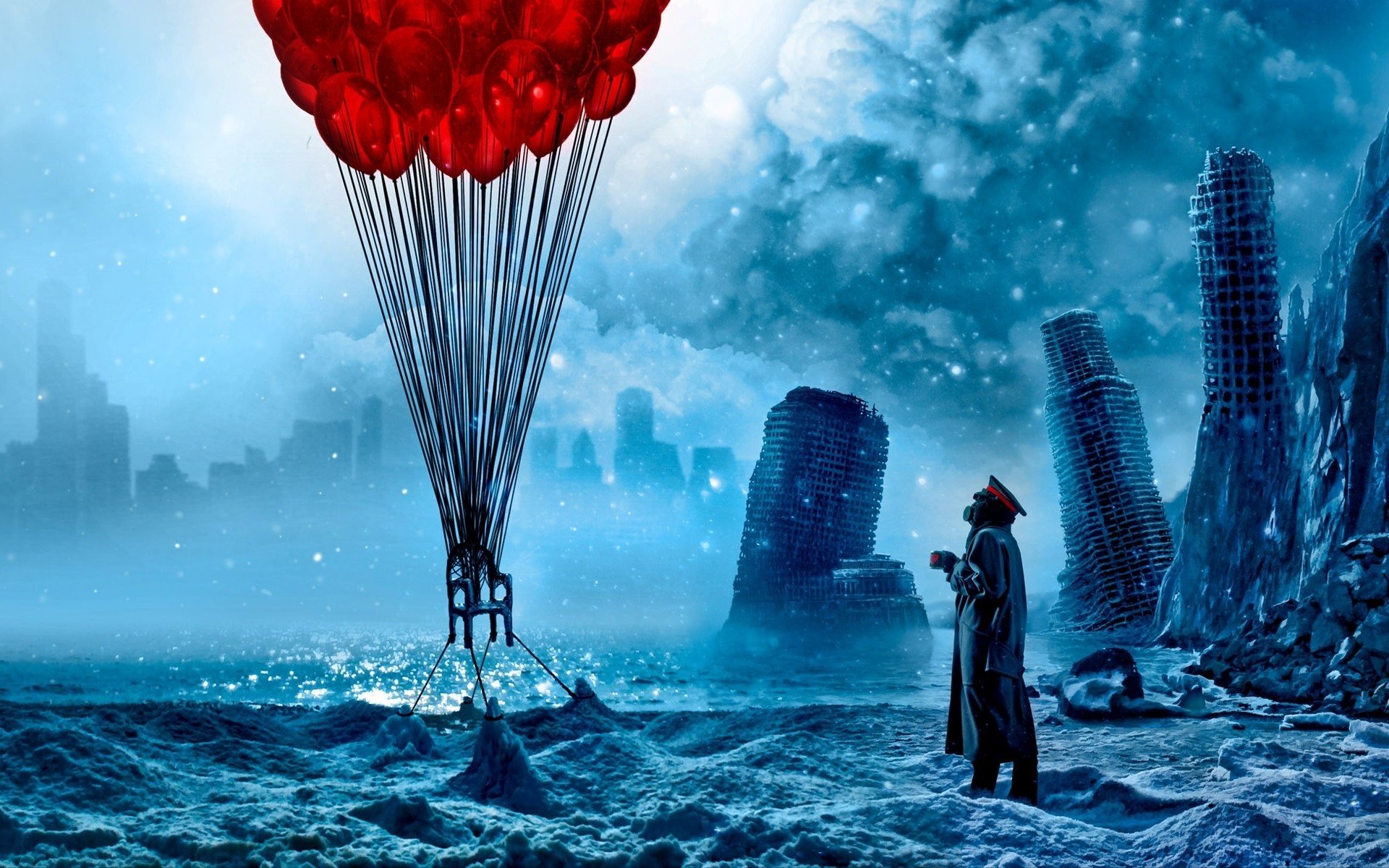 arte romántico apocalíptico romance del apocalipsis silla globos nieve capitán ruinas mar ciudad taza nubes