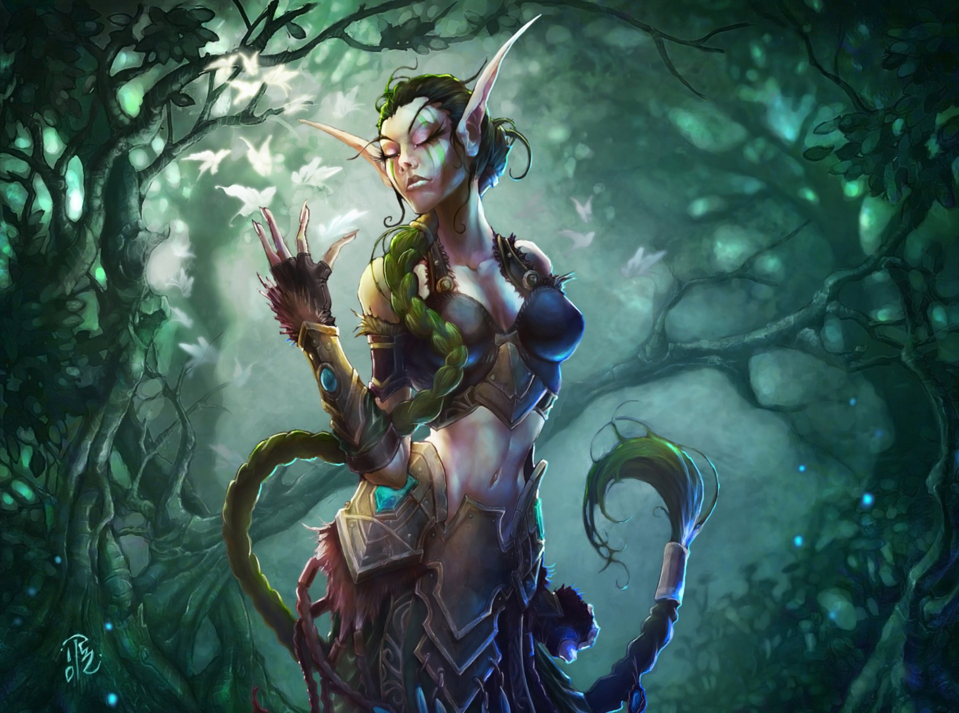 mundo de warcraft wow chica trenza árboles armadura orejas afiladas isera