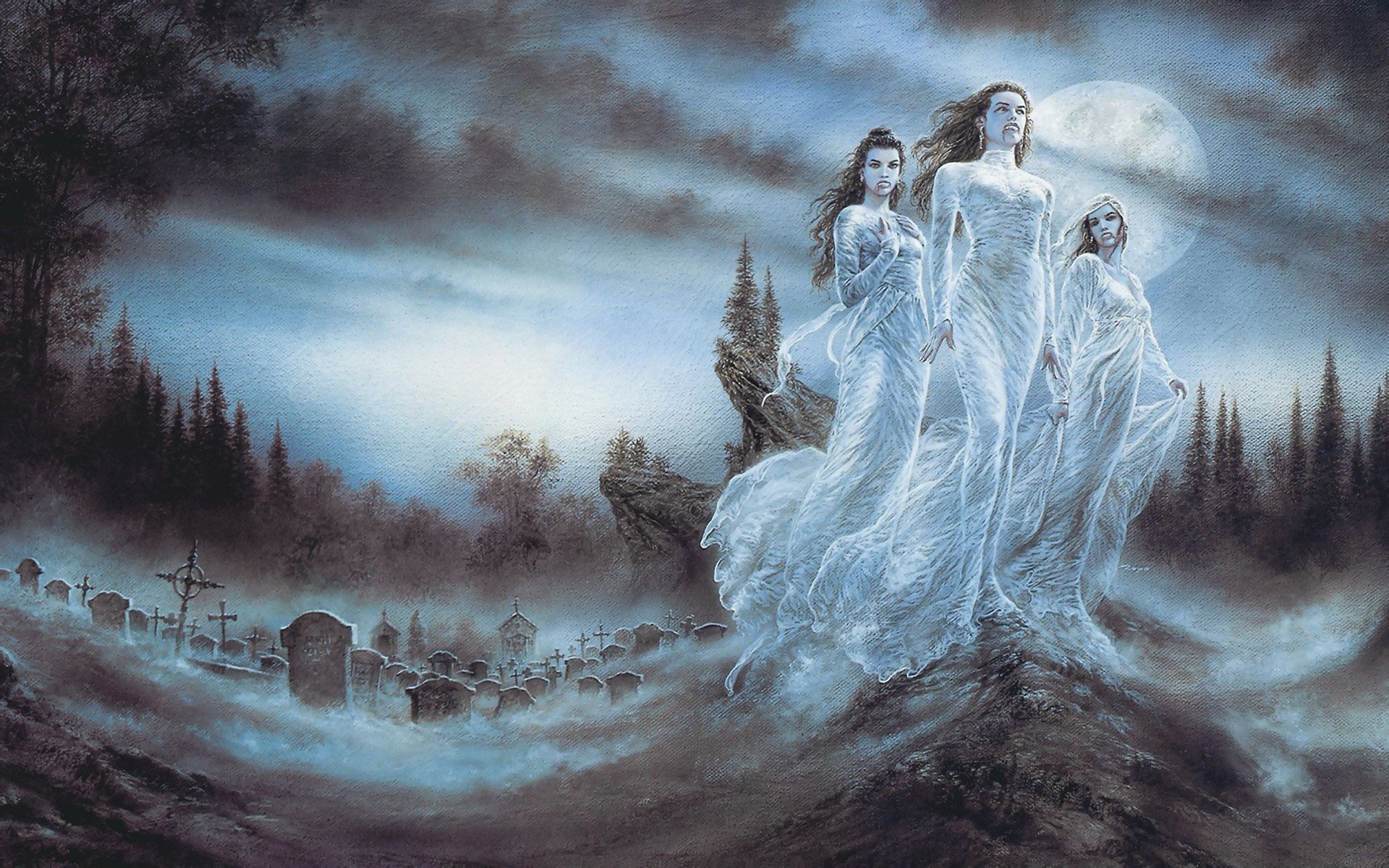 kunst luis royo vampire friedhof mond blut mädchen nacht