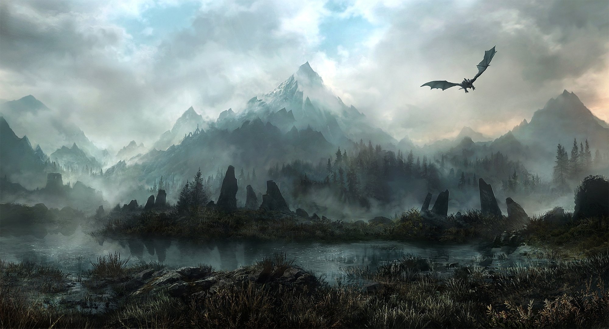 góry las kamienie mgła smok sztuka ziemia skyrim jonasdero deviantart