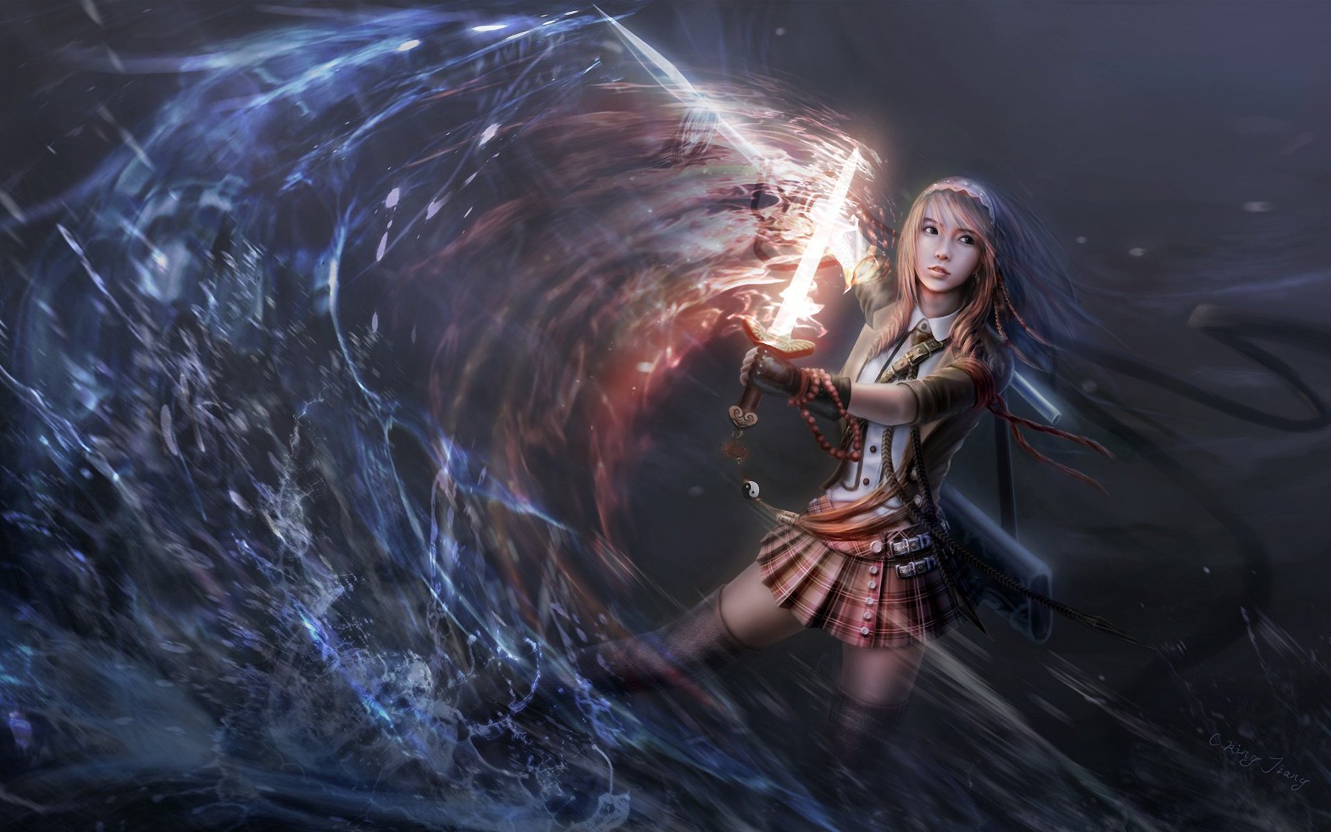 art girl blade spear water fire magic