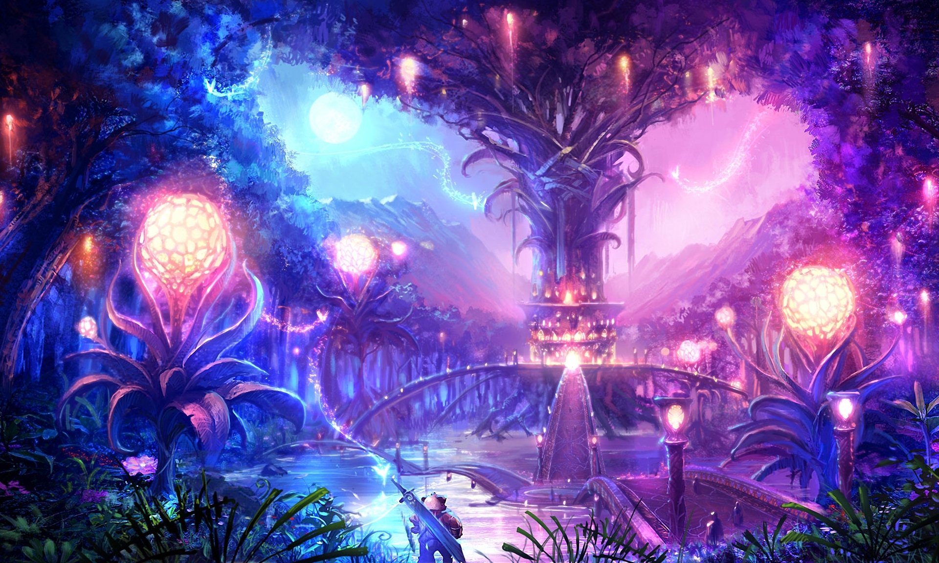 tera online paisaje árbol noche luna luces magia esferas guerrero espada puente ciudad