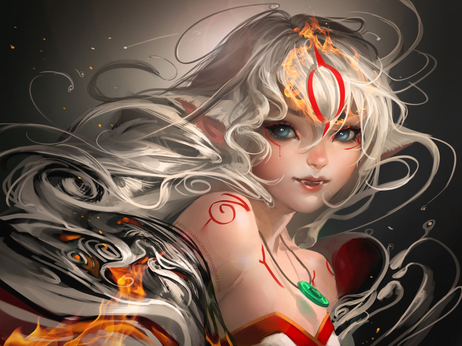 art sakimichan deviantart girl ears fangs abstract tattoos fire