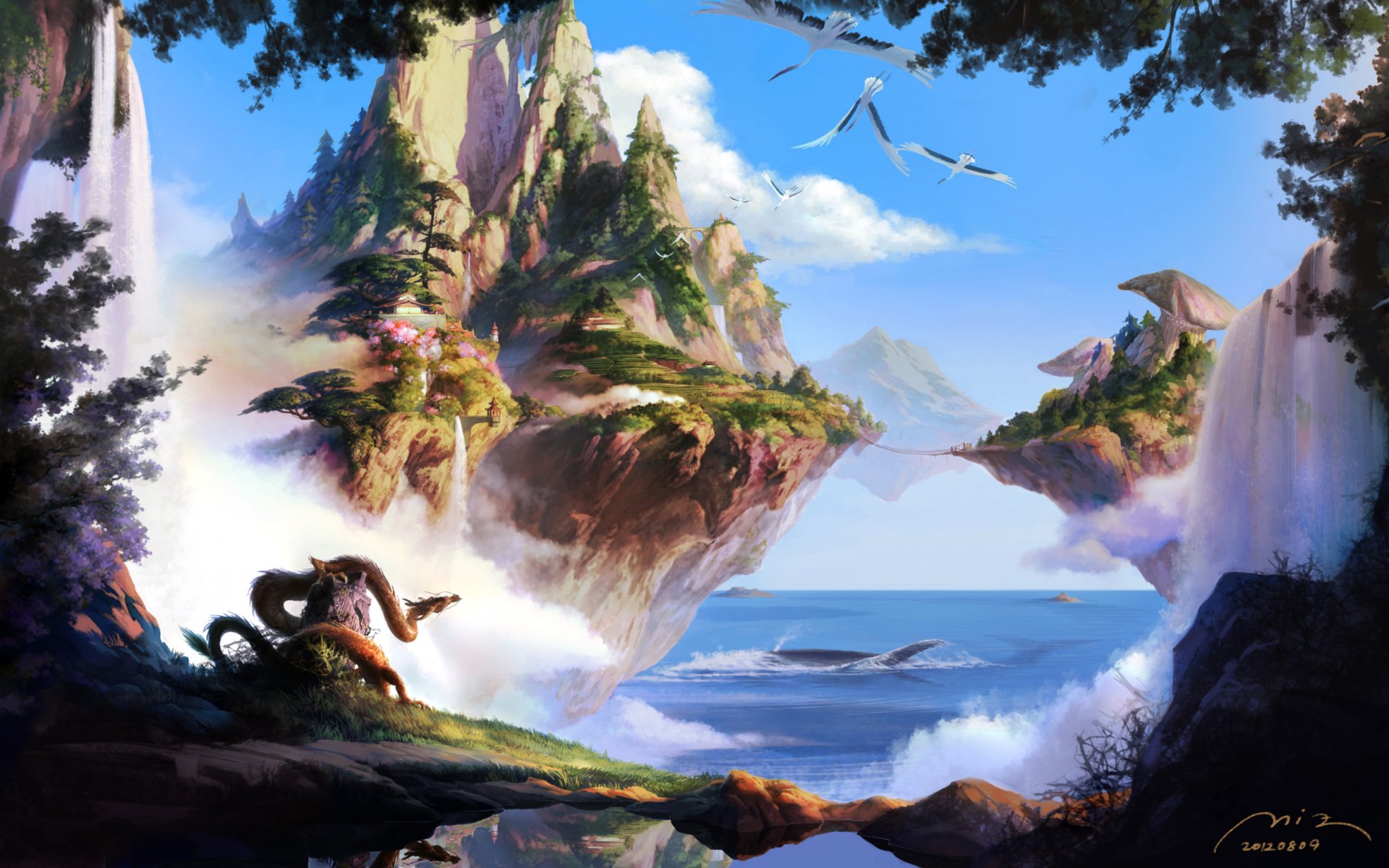 art nature islands sea summer bridge dragon birds mountain rock waterfall fantasy mushrooms tree