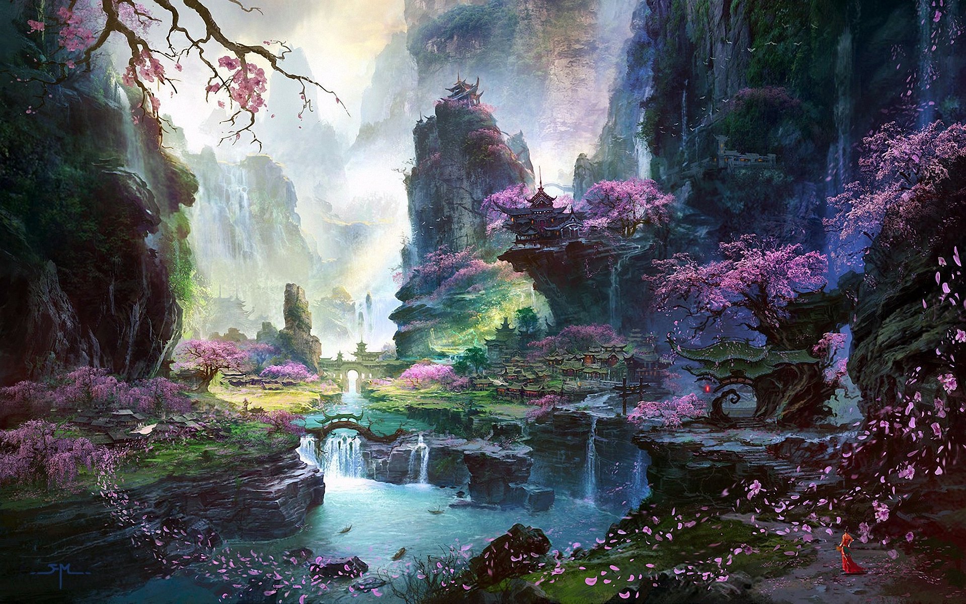 arte paisaje asia río templo sakura árboles cascada niña pétalos montañas rocas