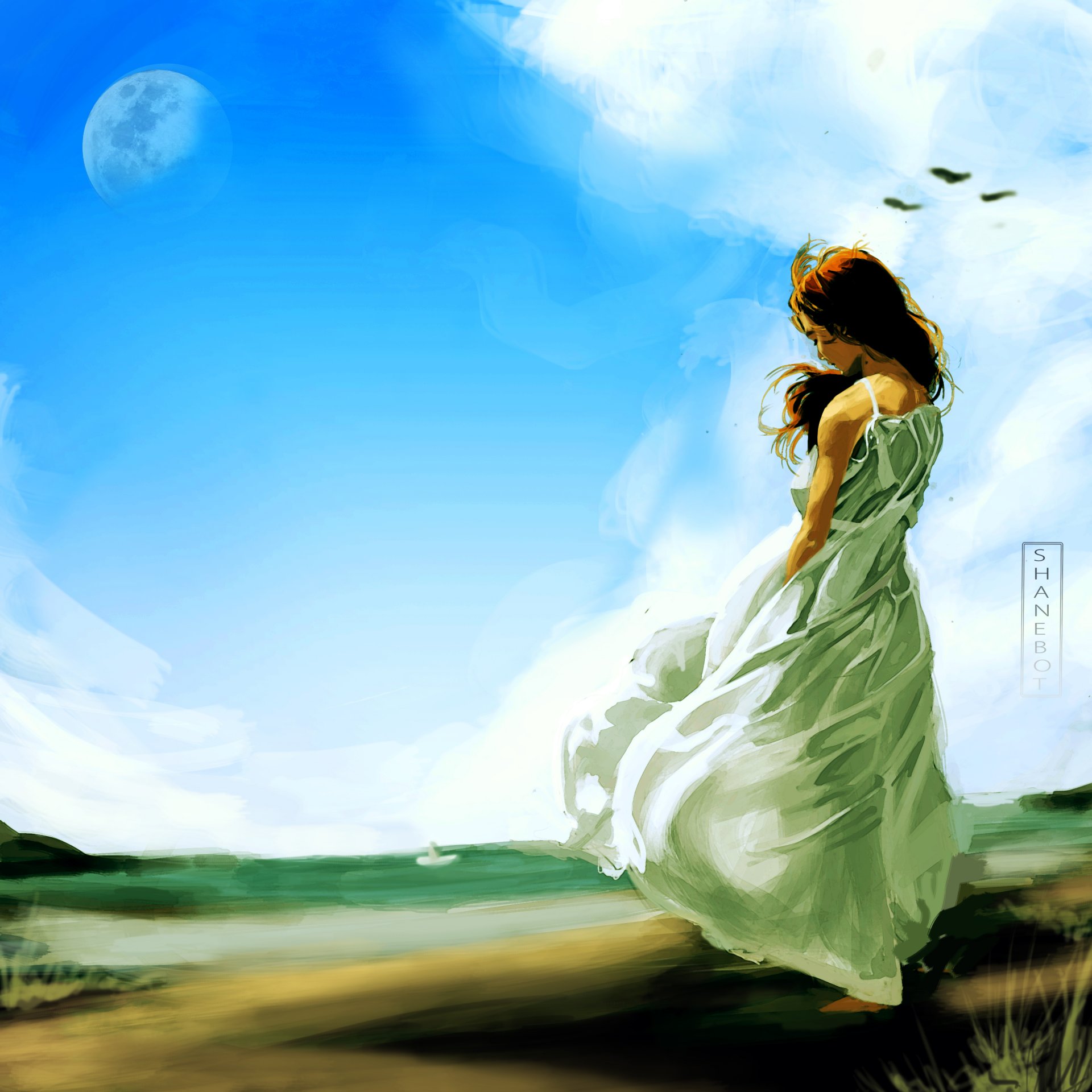 art shanebot girl loneliness sky clouds moon