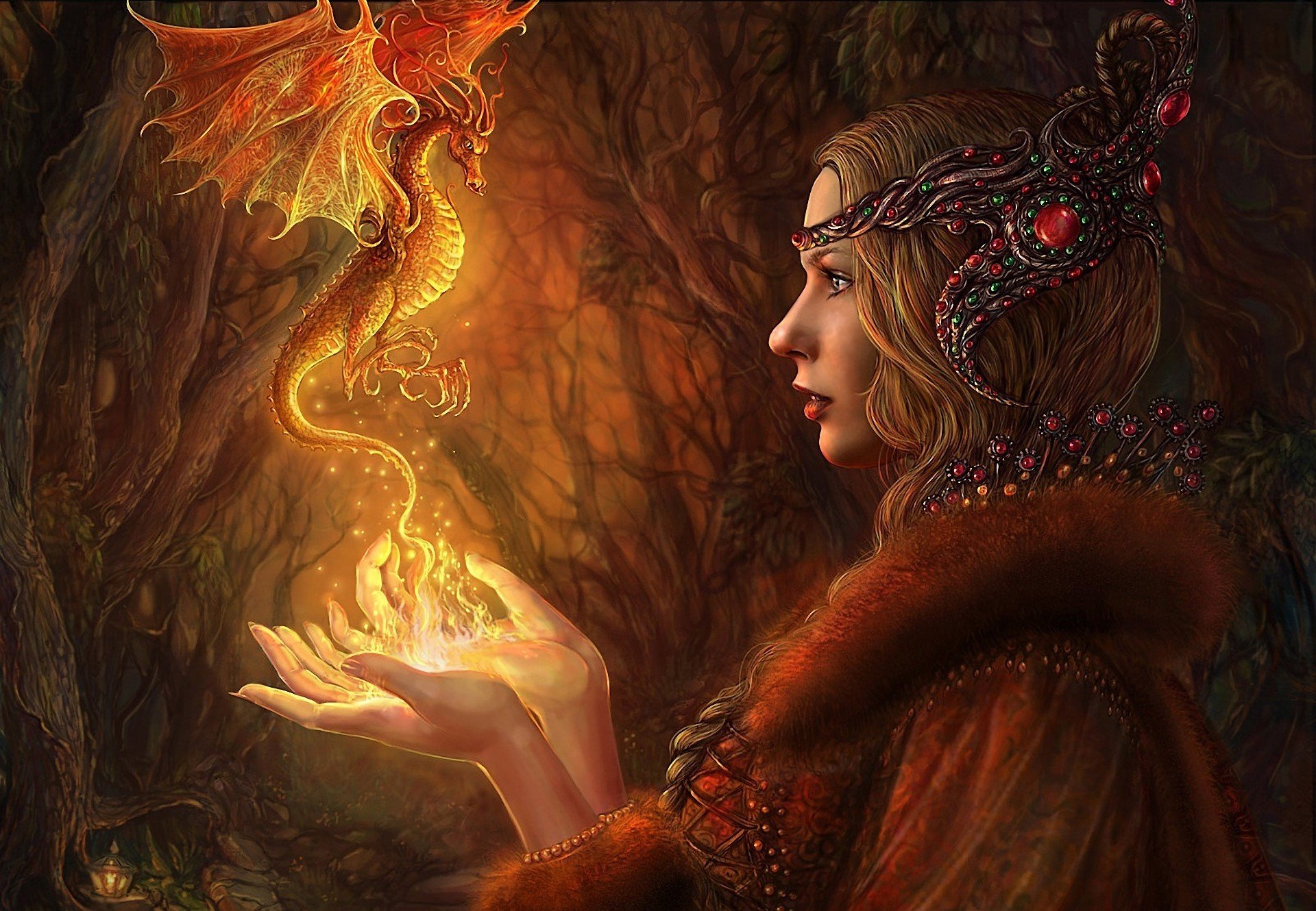 art alena klementeva girl dragon magic fire forest light decoration