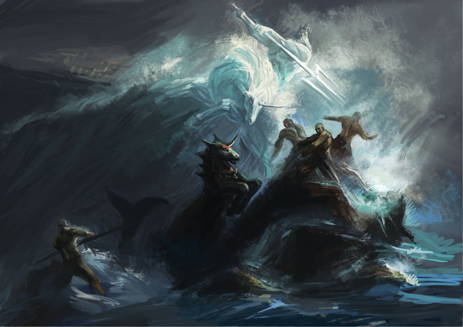 art shuyinnosi battle sea storm storm ocean waves poseidon unicorn rocks people trident