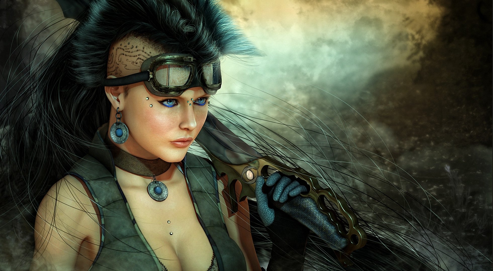 art girl weapon knife sword cyberpunk blade mohawk tattoos tattoo sunglasses piercing