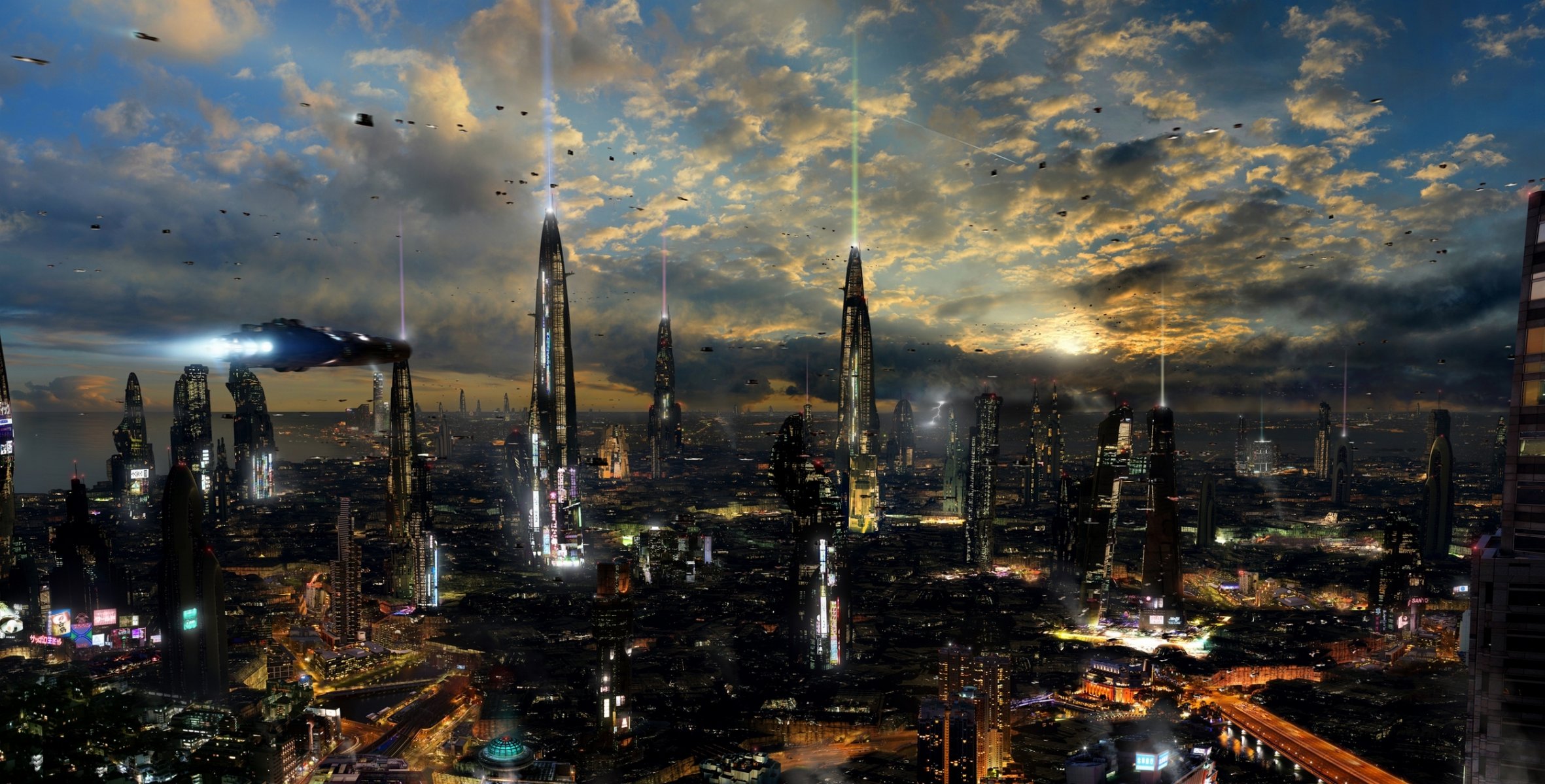 futuristische stadt 4 rich35211 scott richard sci-fi planet türme science-fiction zukunft futuristische landschaft stadt schiffe wolken gebäude straßen trails lichter andere welten