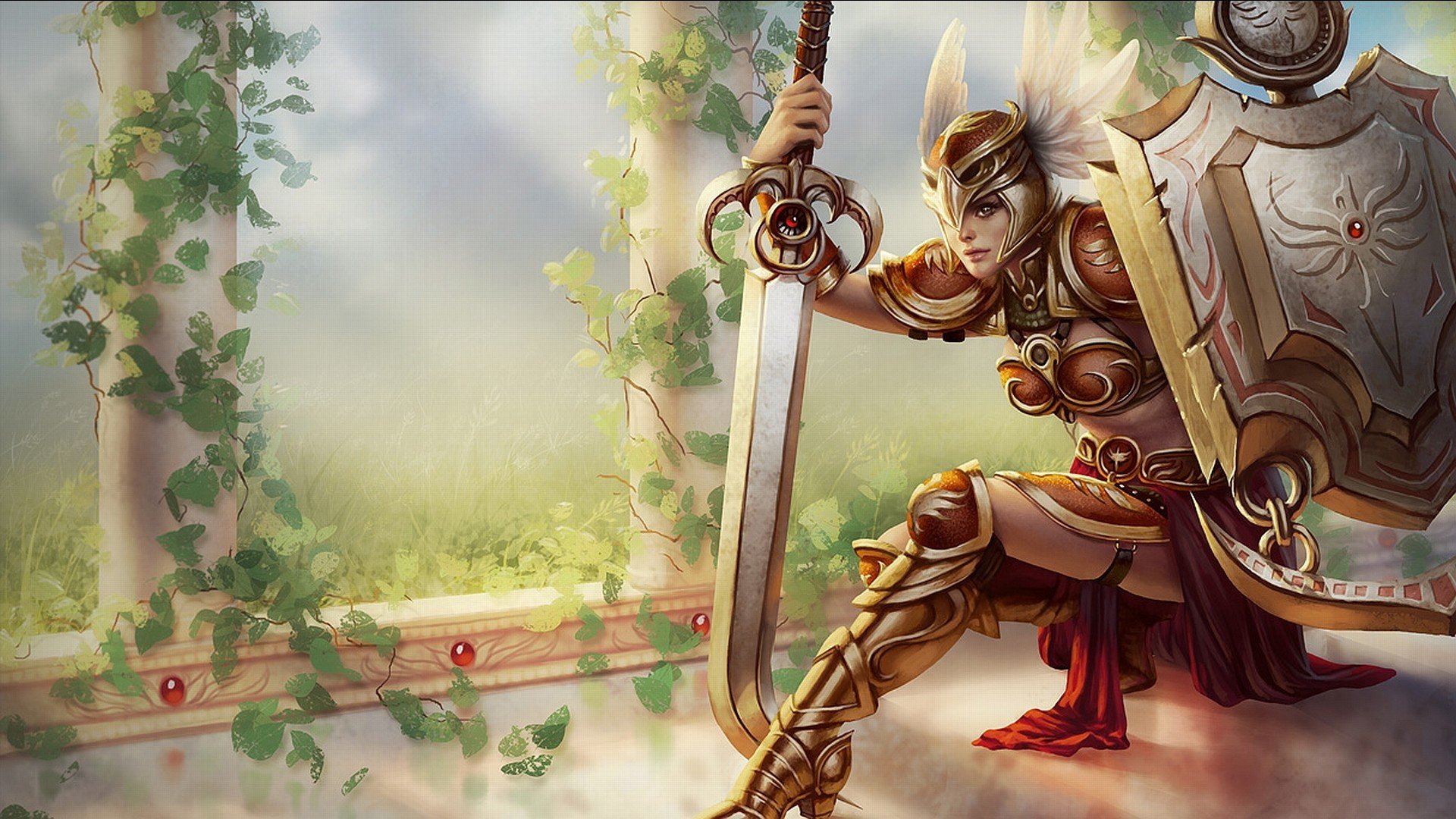 league of legends art leona dziewczyna broń tarcza miecz