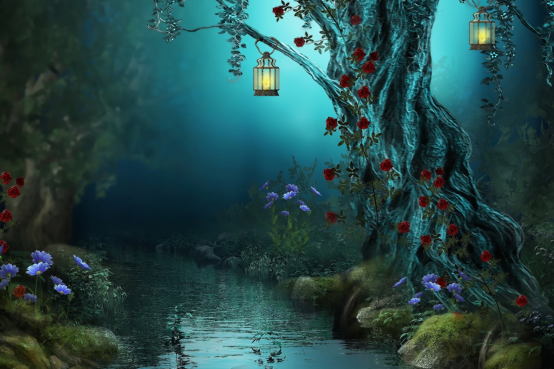 fantasy flowers forest lamps nature night red roses river roses lanterns lamps stream