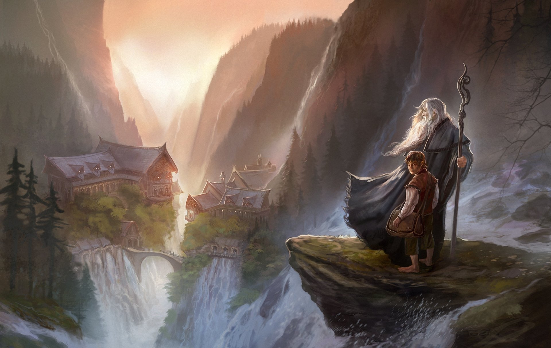 art hobbit unexpected journey rivendell gandalf magician staff city rocks mountains gorge waterfalls lord of the rings bilbo