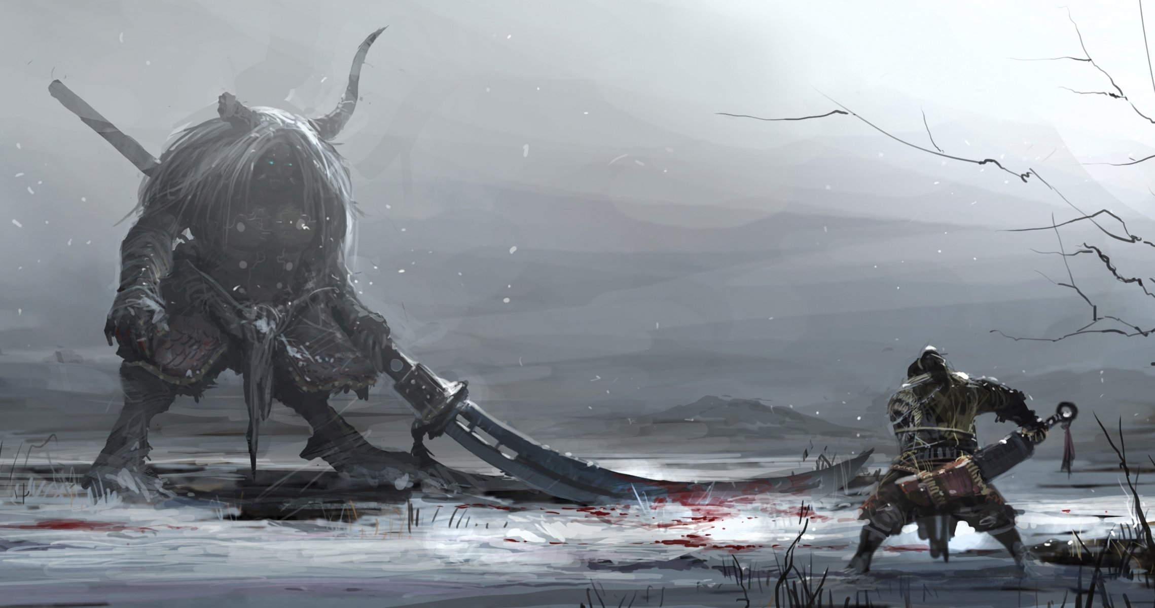 art battle monster horn warrior blood winter snow weapon