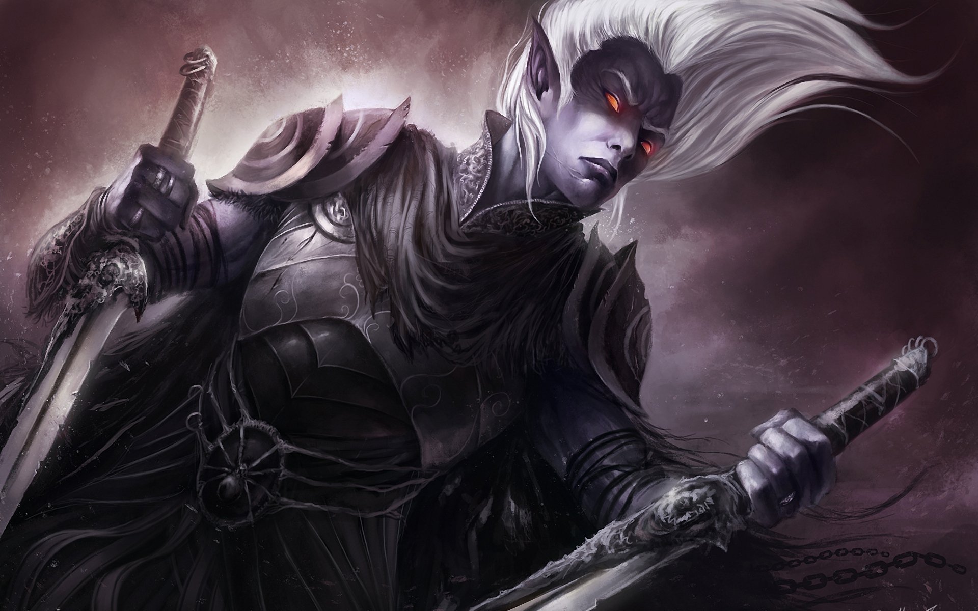 kunst dunkle elf drow drizzt do urden brennende augen rüstung klingen ketten