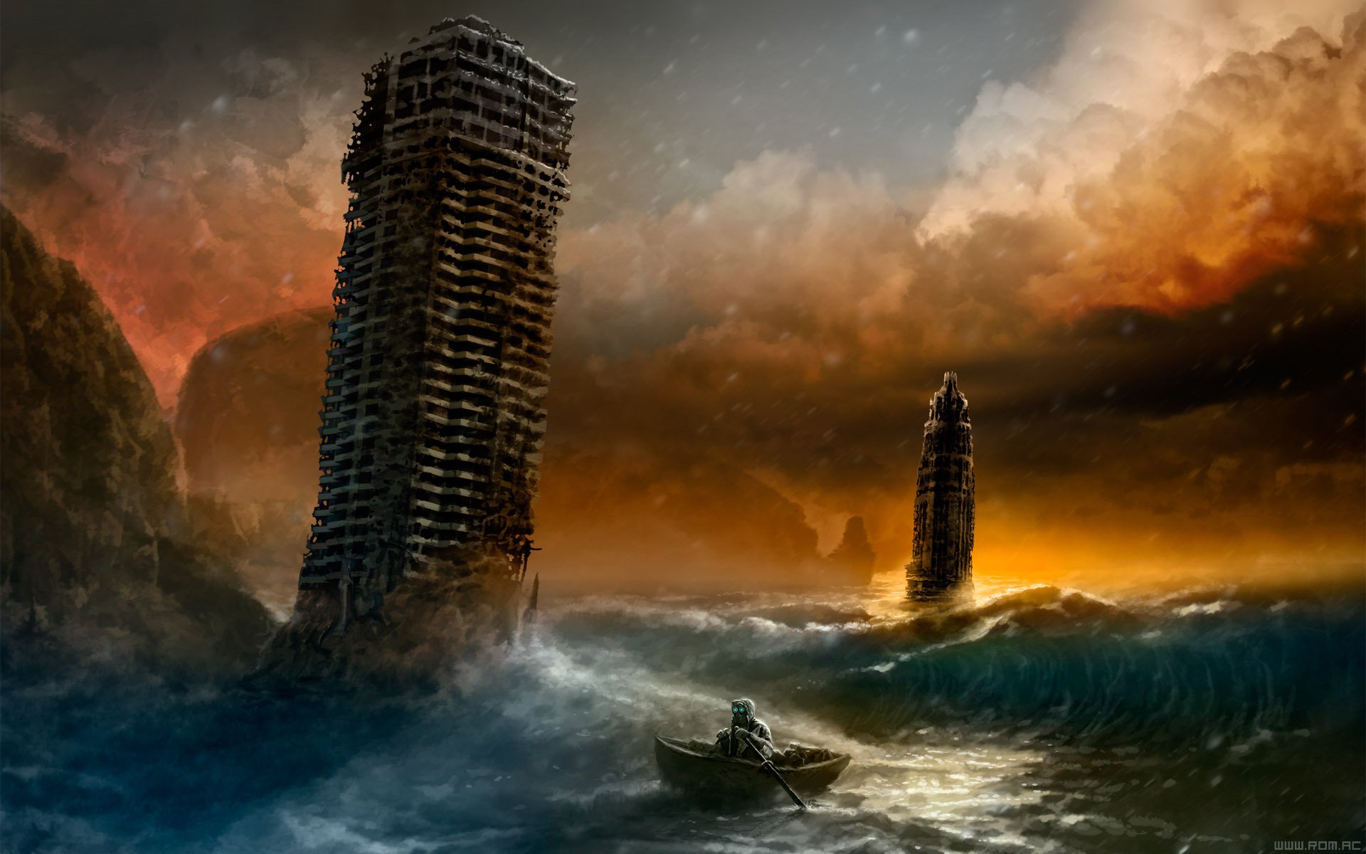 romance of the apocalypse romantically apocalyptic alexiuss art sea boat ruins buildings waves mask