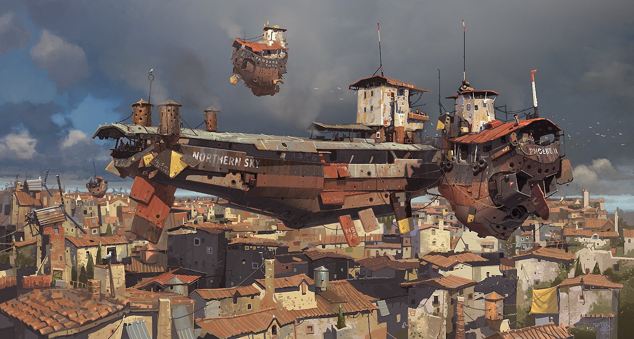 art ian mcque ville navires volants dans le ciel maisons nuages