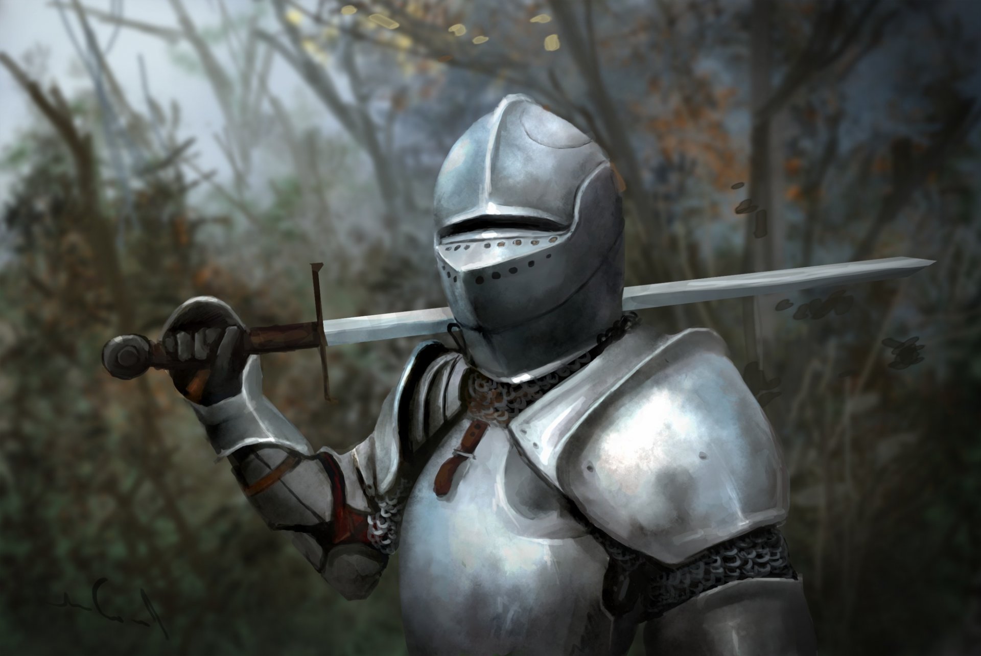 art knight armour helmet sword weapon blade tree leaves forest metal